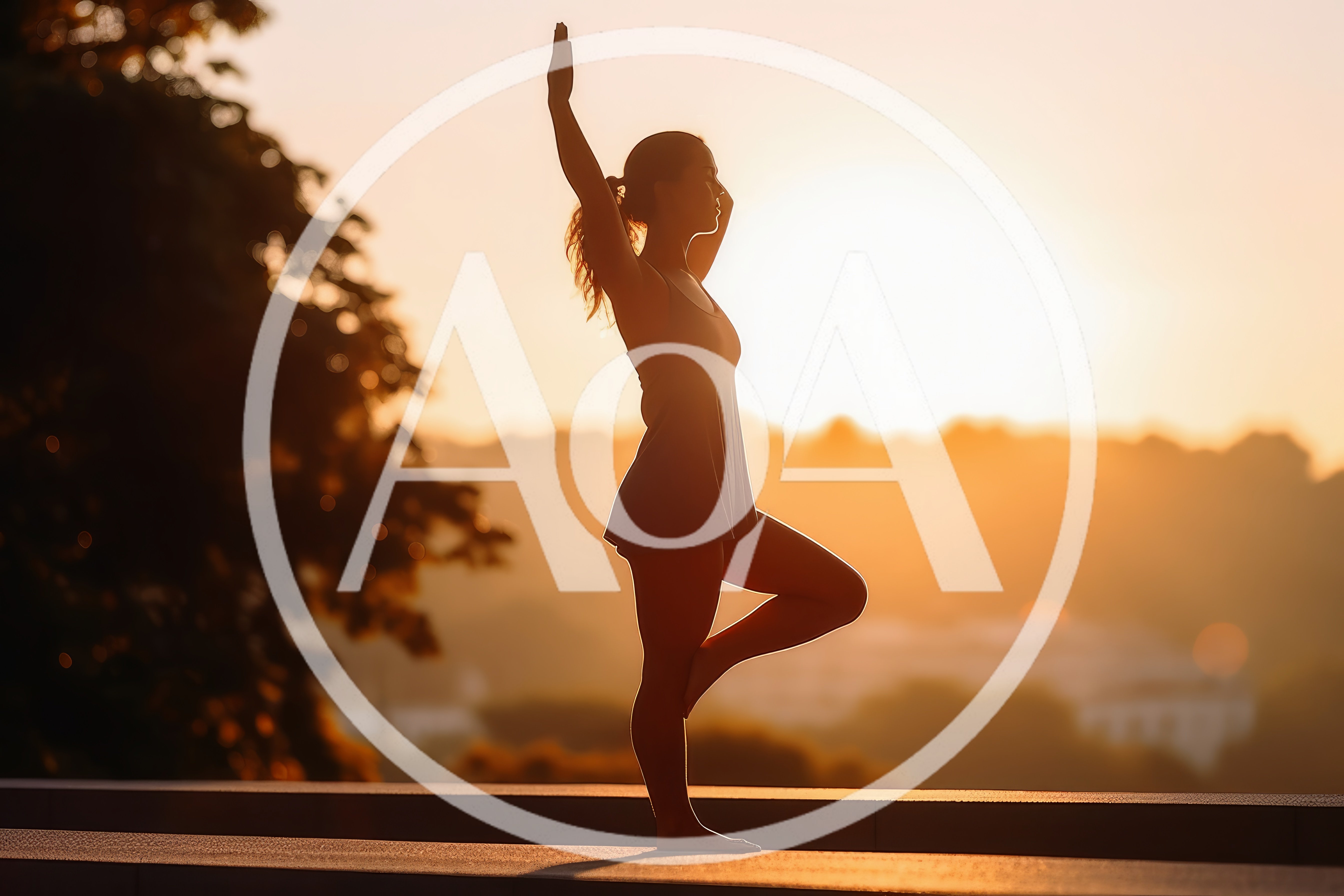 Woman Practicing Tree Pose Yoga At Sunset