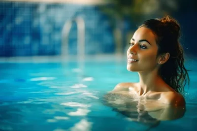 Young Woman Relaxing In A Luxury Indoor Swimming Pool