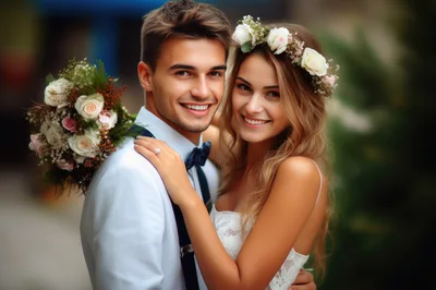 Happy Newlywed Couple Embracing Outdoors