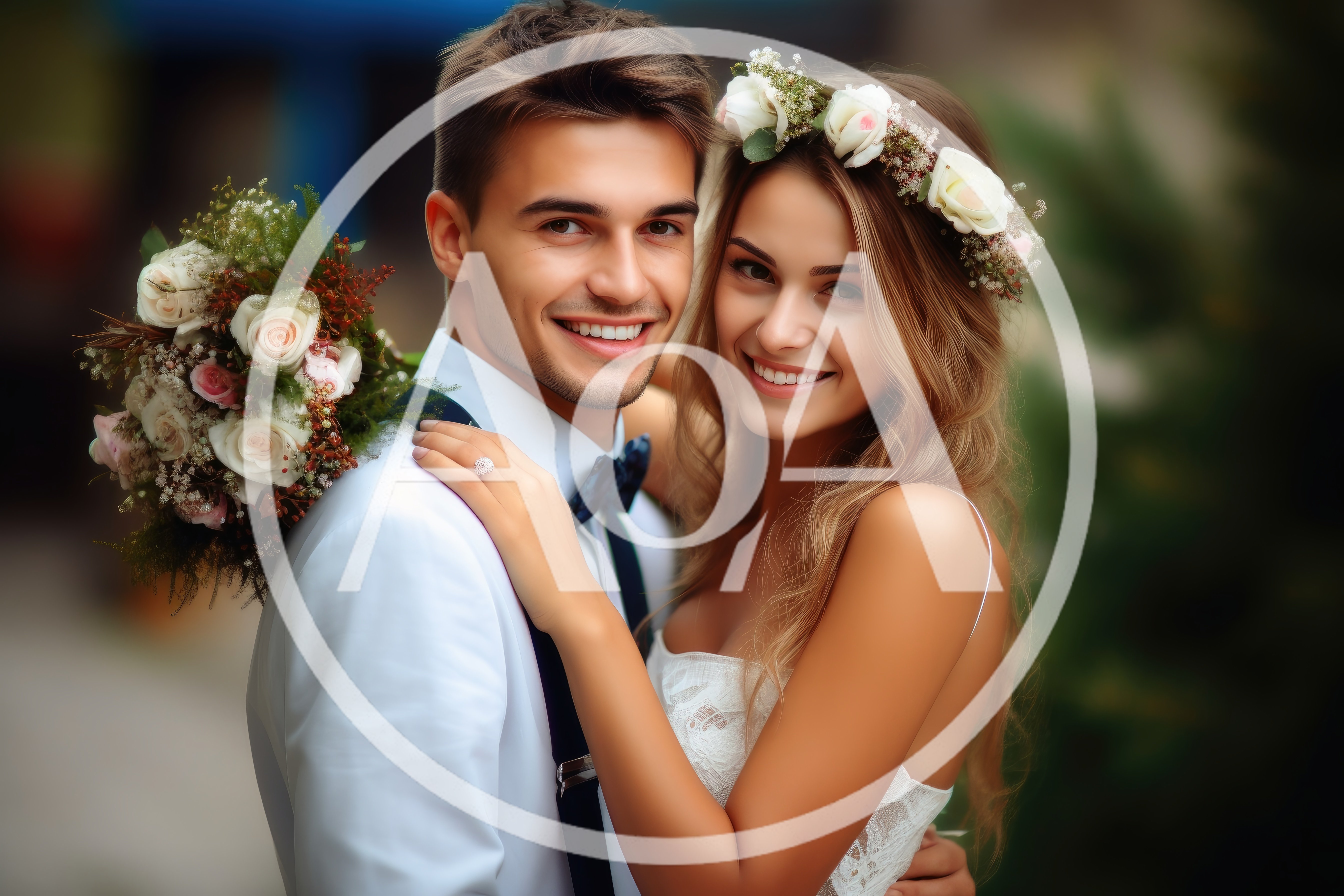 Happy Newlywed Couple Embracing Outdoors