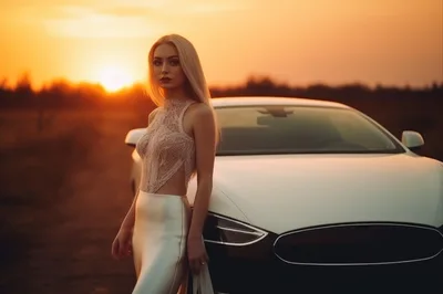 Elegant Blonde Woman Posing Beside A Luxury White Car