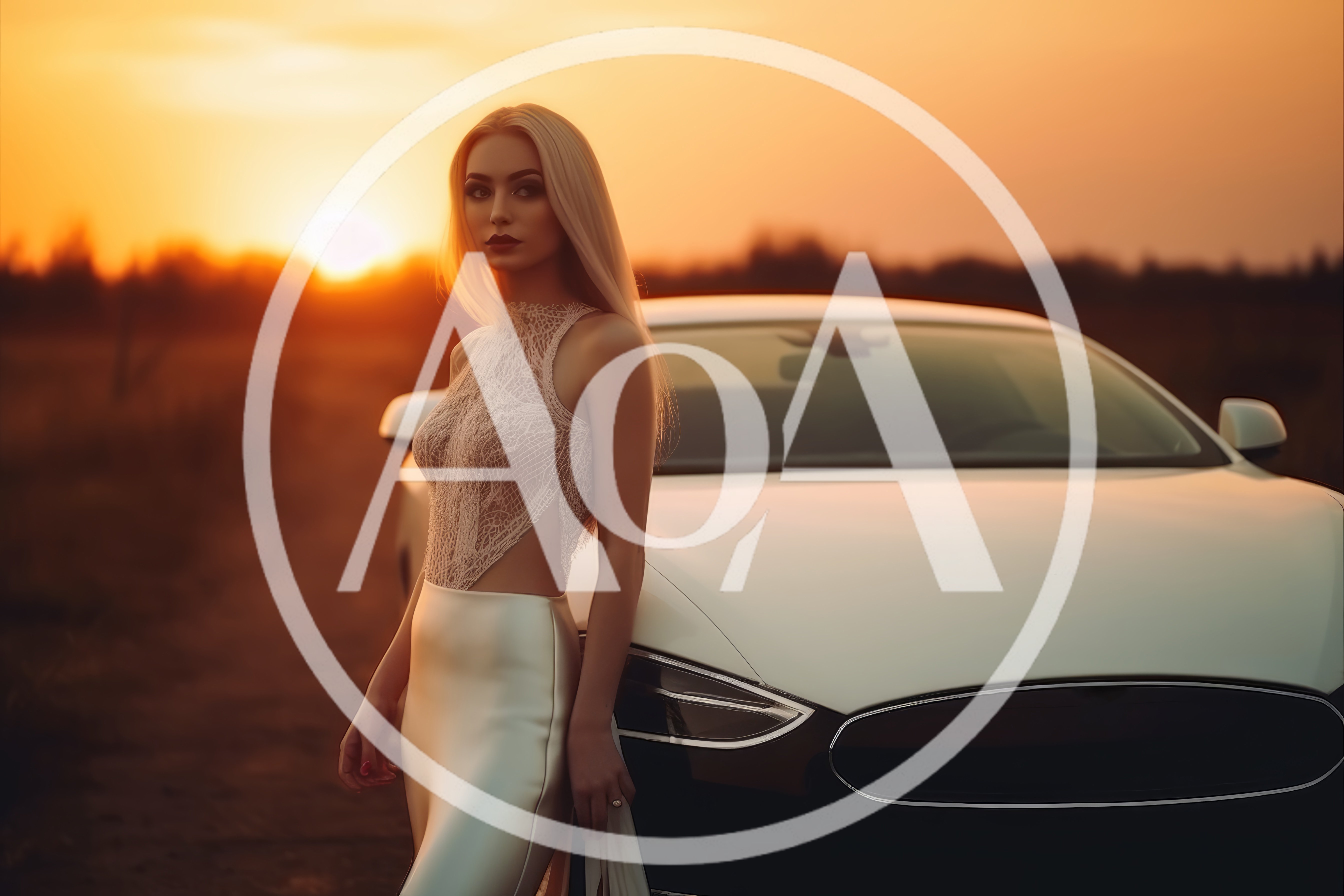 Elegant Blonde Woman Posing Beside A Luxury White Car