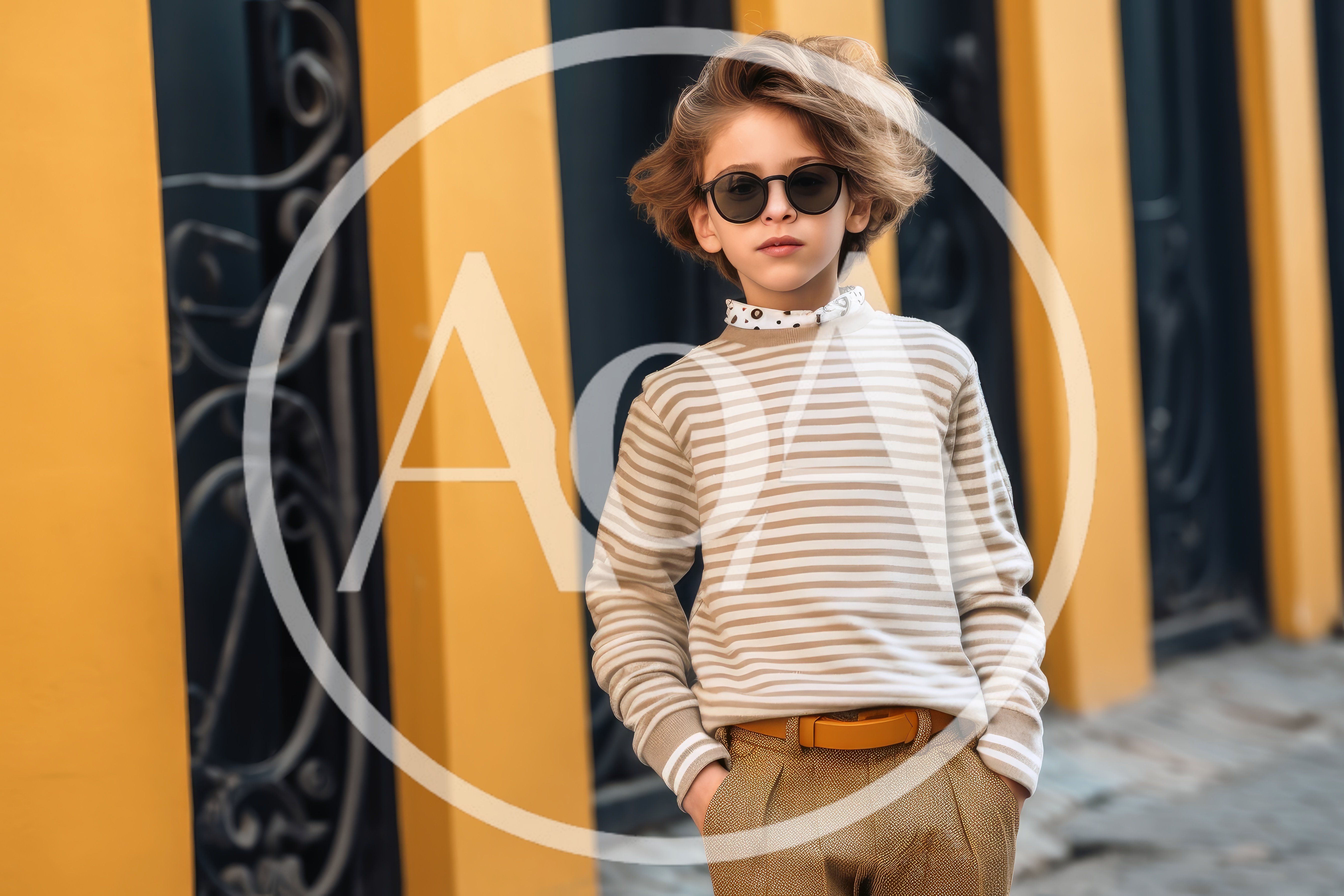 Stylish Young Boy Posing In Striped Sweater And Sunglasses