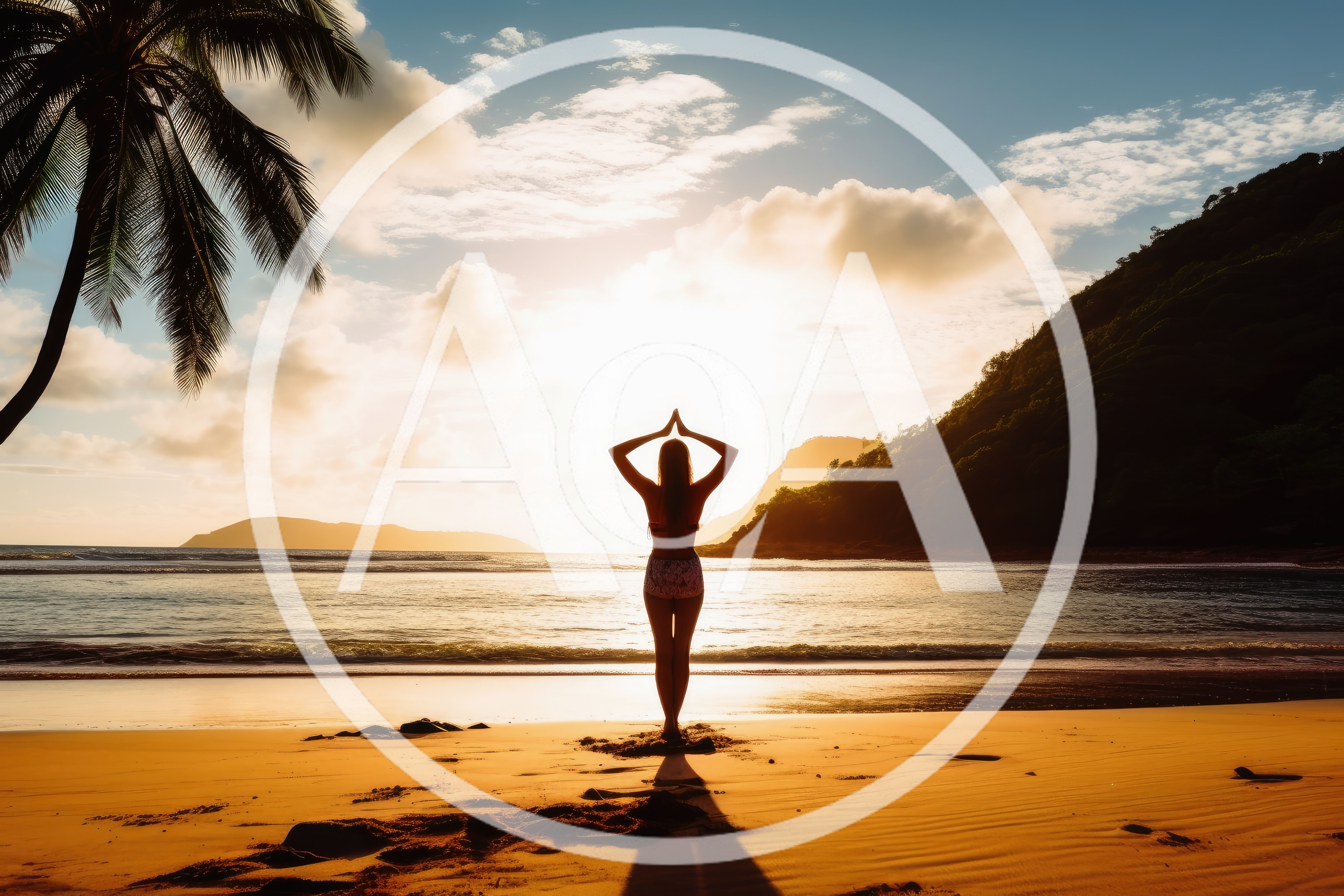 Woman Practicing Yoga Pose On Tropical Beach At Sunset