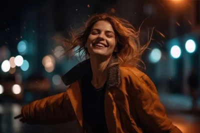 Happy Young Woman Dancing Outdoors At Night