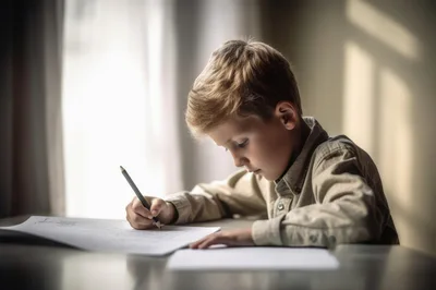 Young Boy Concentrating While Writing At A Desk