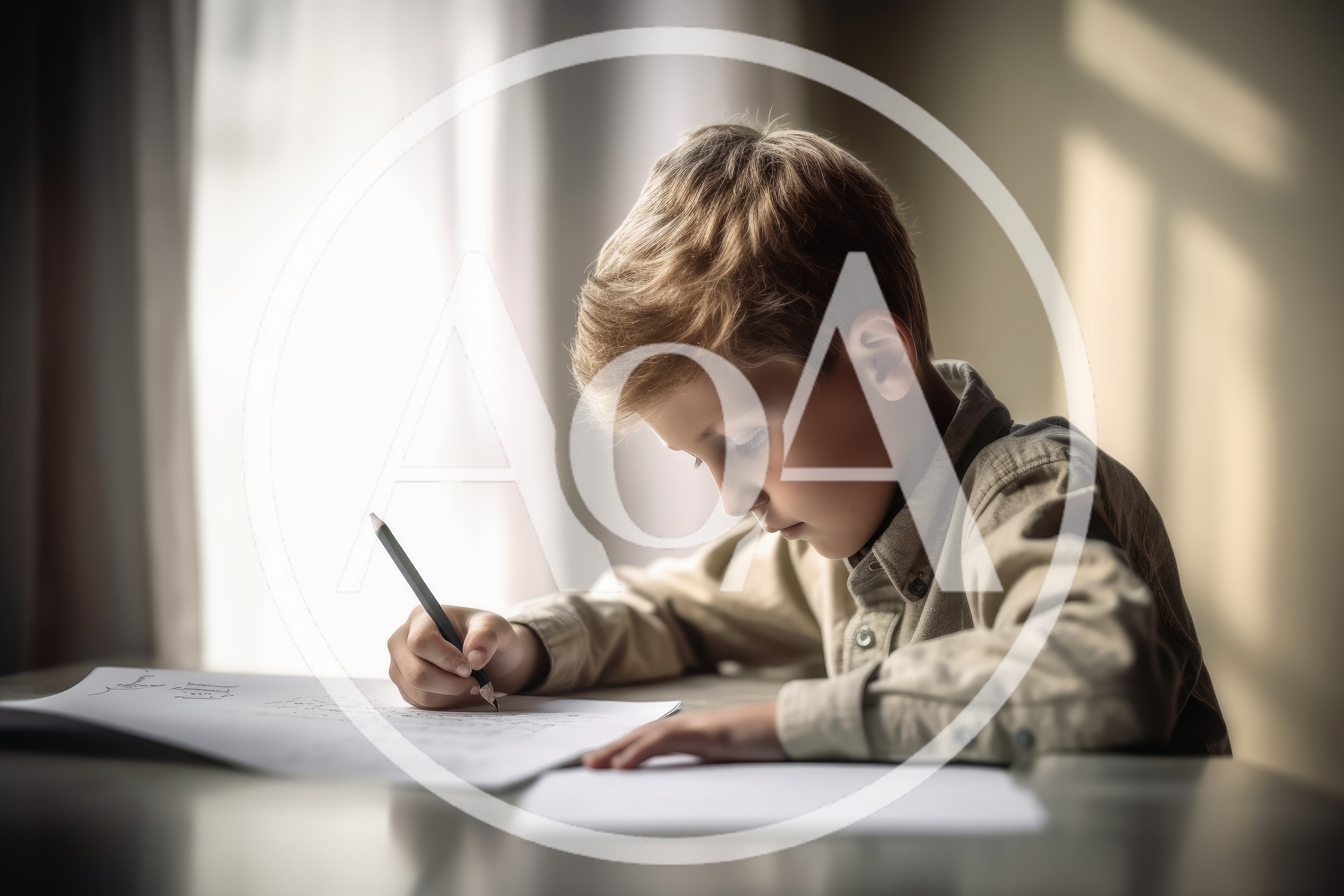 Young Boy Concentrating While Writing At A Desk