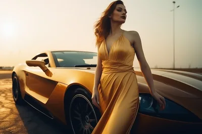 Elegant Woman In Gold Dress Posing With Luxury Sports Car