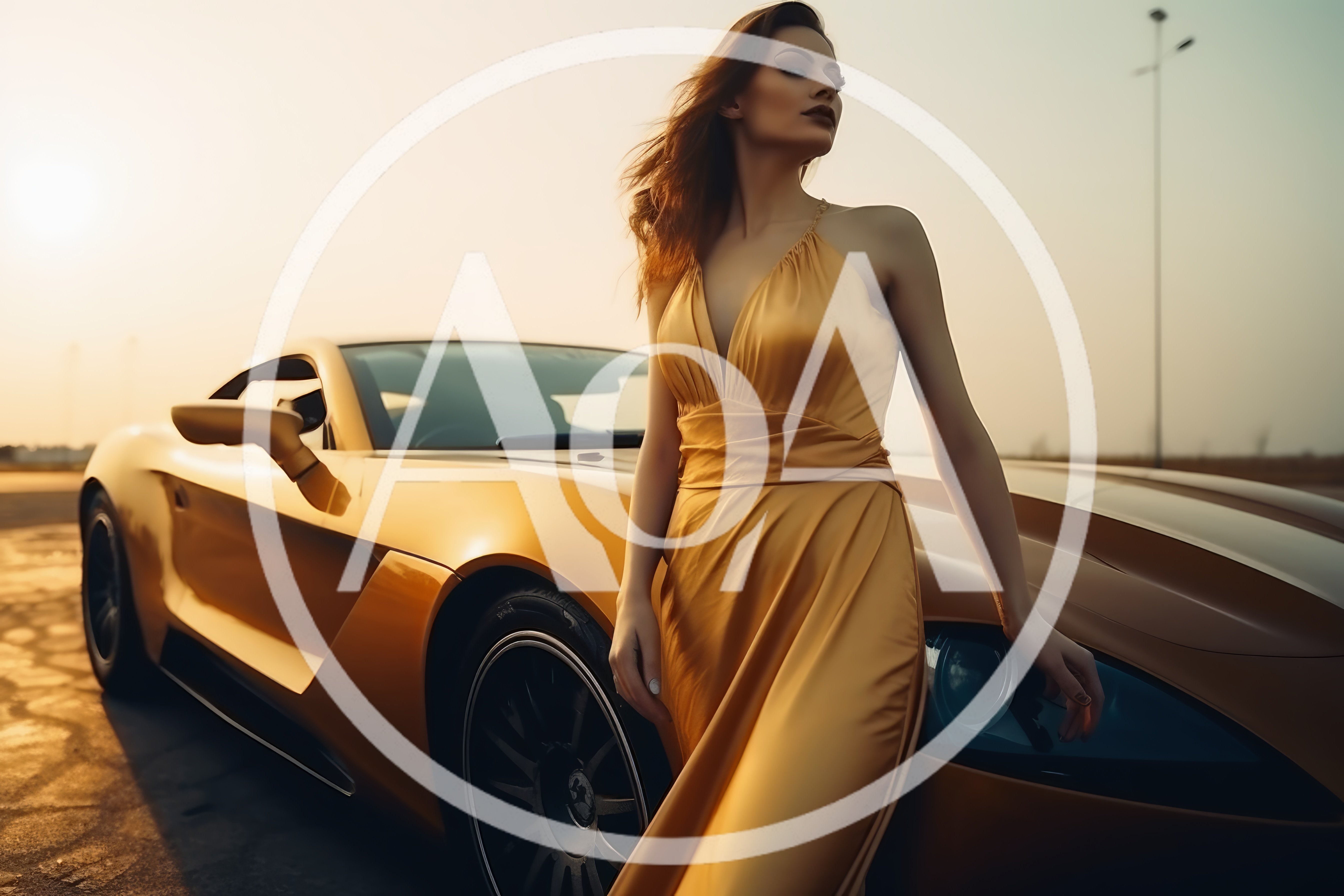 Elegant Woman In Gold Dress Posing With Luxury Sports Car