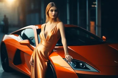Elegant Woman In Gold Dress Posing With Orange Supercar