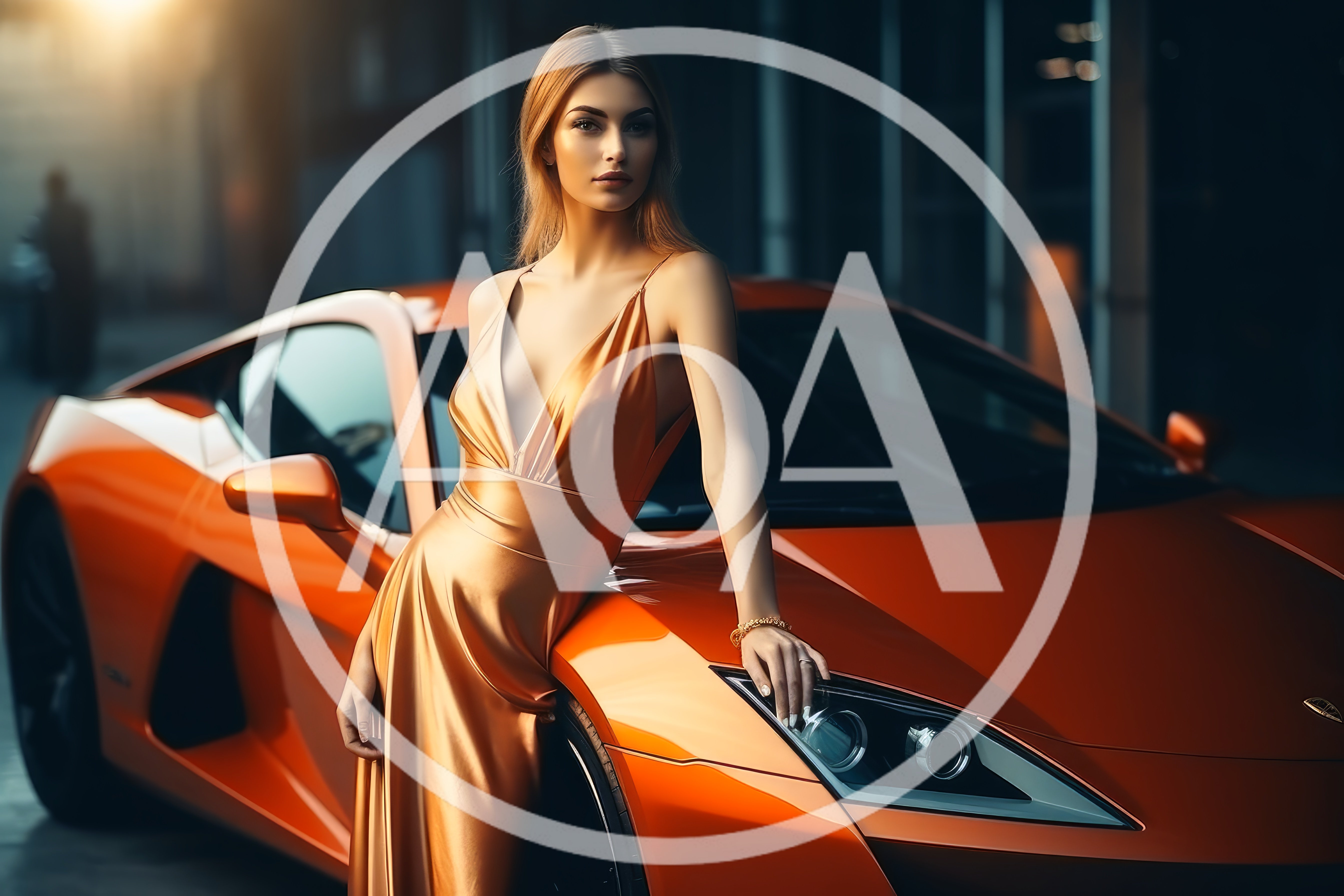 Elegant Woman In Gold Dress Posing With Orange Supercar