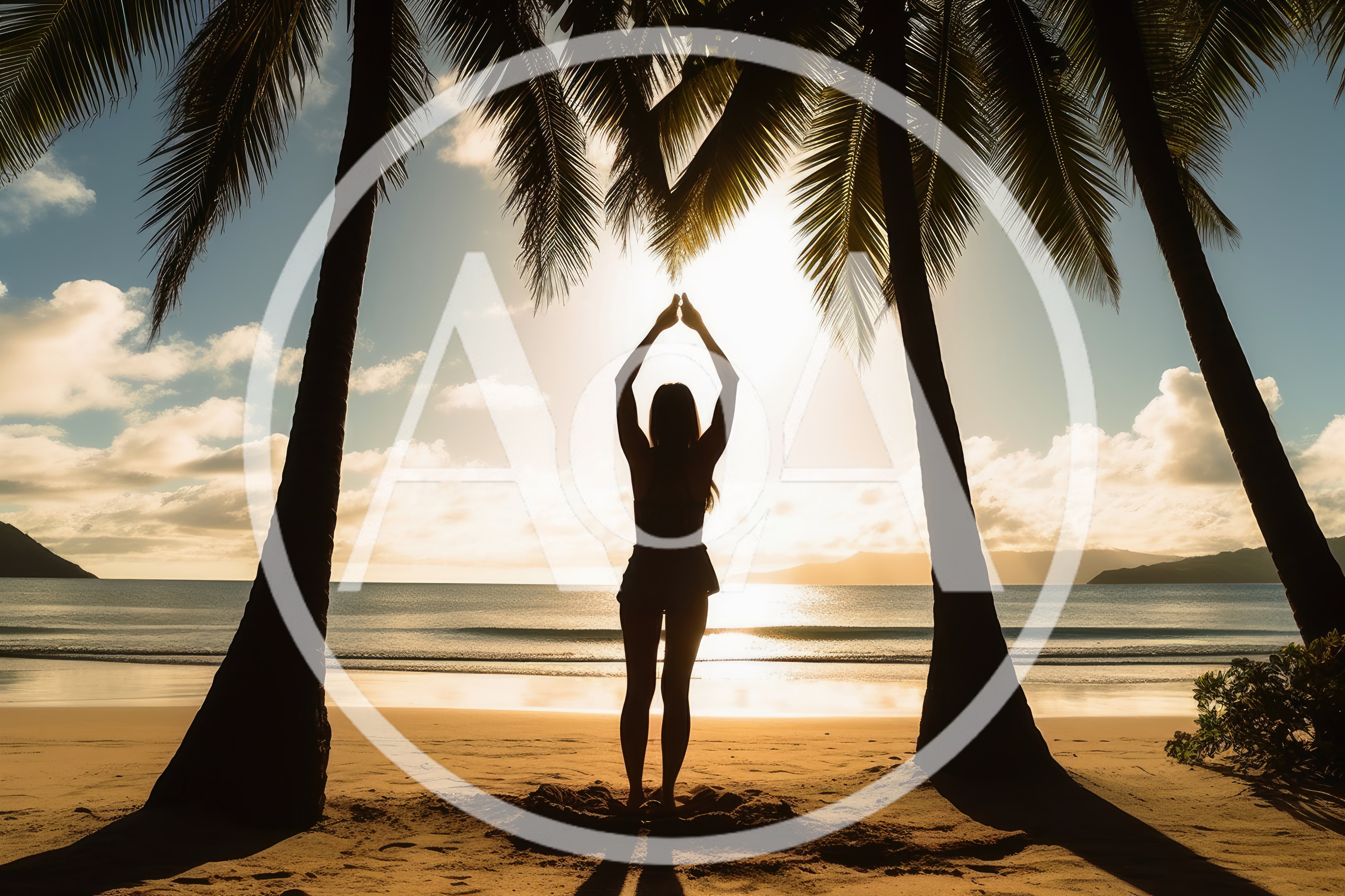 Woman Silhouette Stretching Arms Under Palm Trees At Sunset