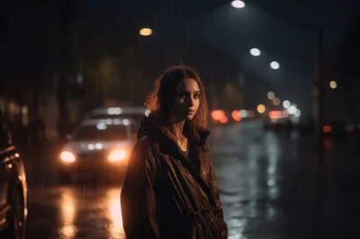 Young Woman Standing Alone In Rainy City Street