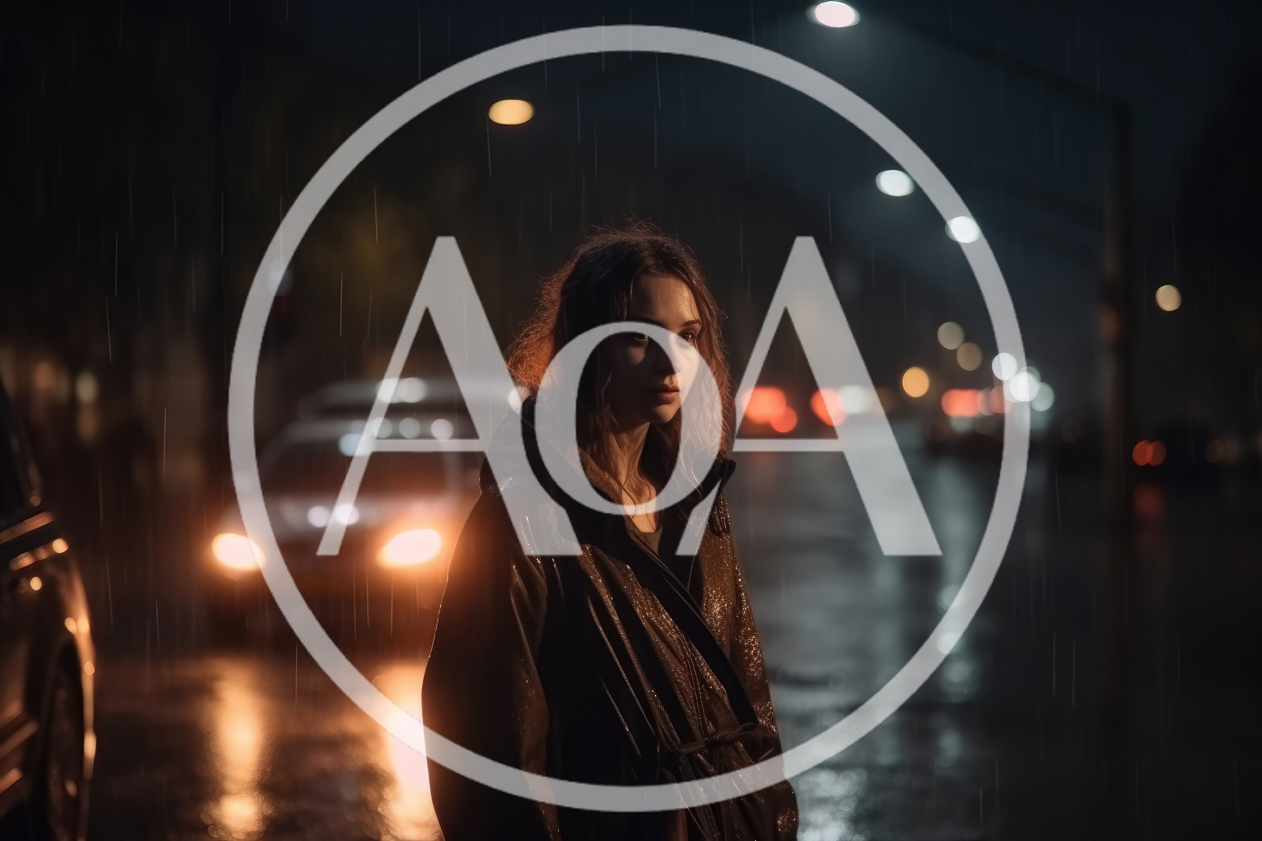 Young Woman Standing Alone In Rainy City Street