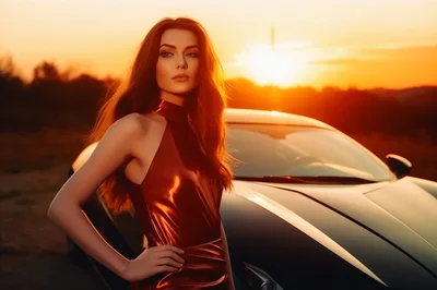 Elegant Woman Posing Beside Luxury Sports Car At Sunset