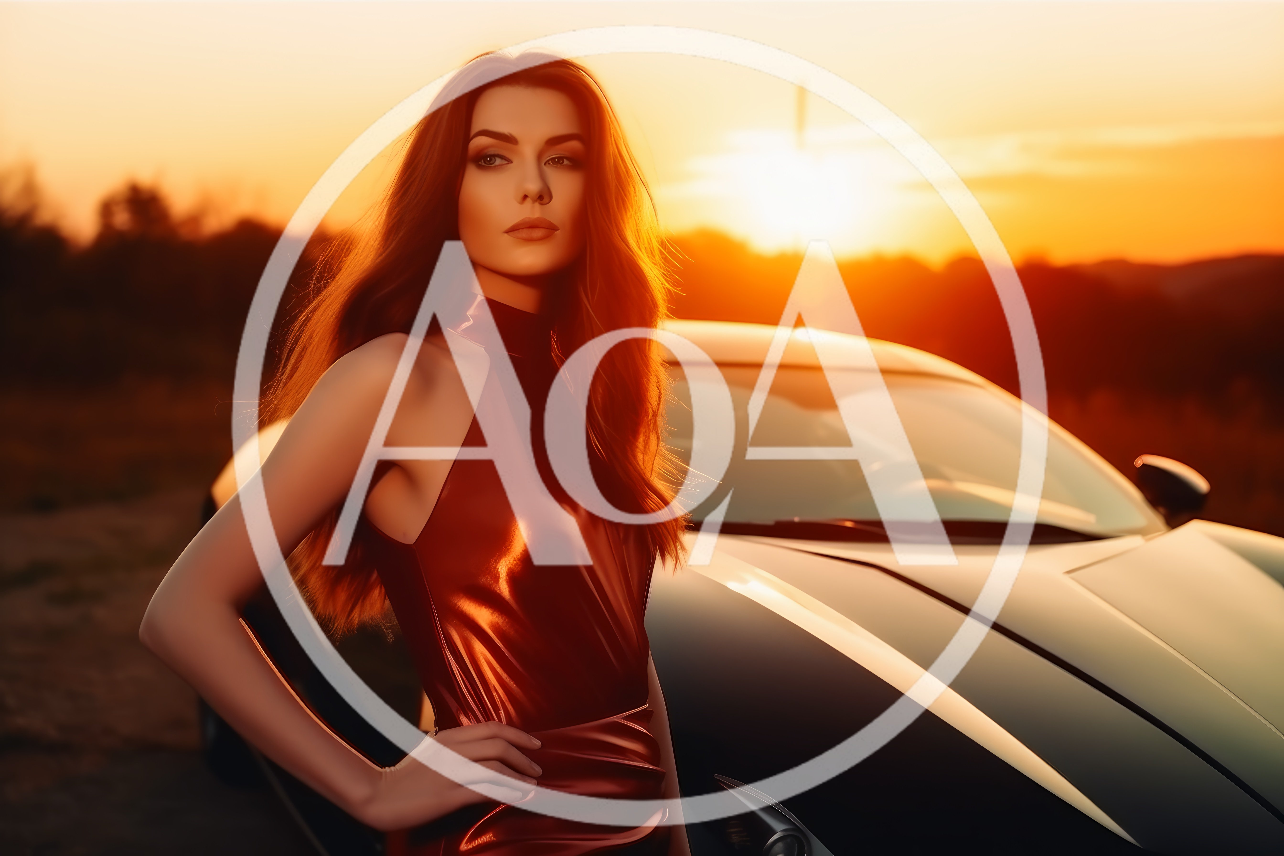 Elegant Woman Posing Beside Luxury Sports Car At Sunset