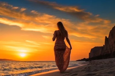 Woman Walking Along Beach At Sunset