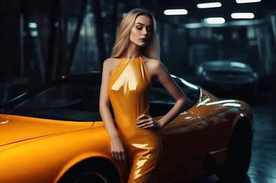Elegant Blonde Woman Posing With Luxury Sports Car