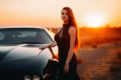 Elegant Woman Posing With Sports Car At Sunset