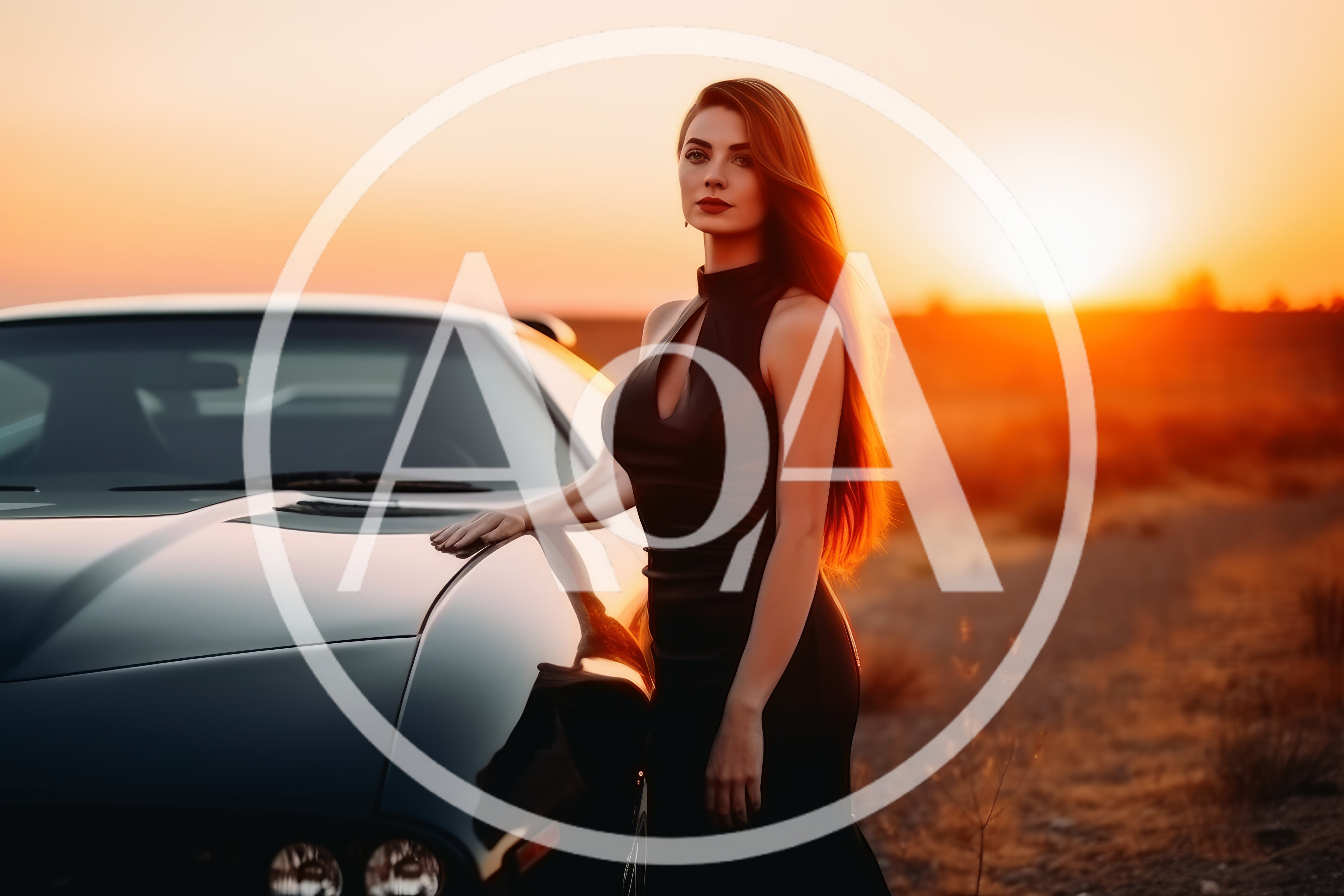 Elegant Woman Posing With Sports Car At Sunset