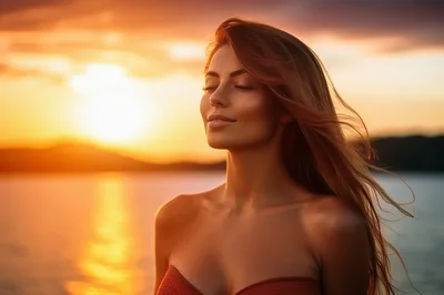 Woman Enjoying Sunset Breeze By The Ocean