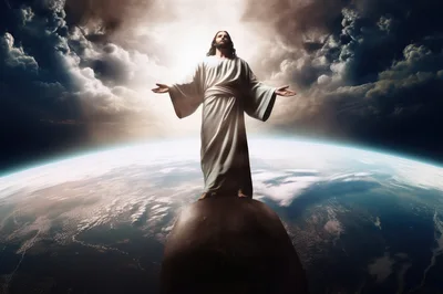 Jesus Christ Standing Above Earth In Space