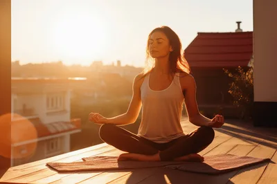 Woman Practicing Yoga Meditation on Rooftop at Sunset