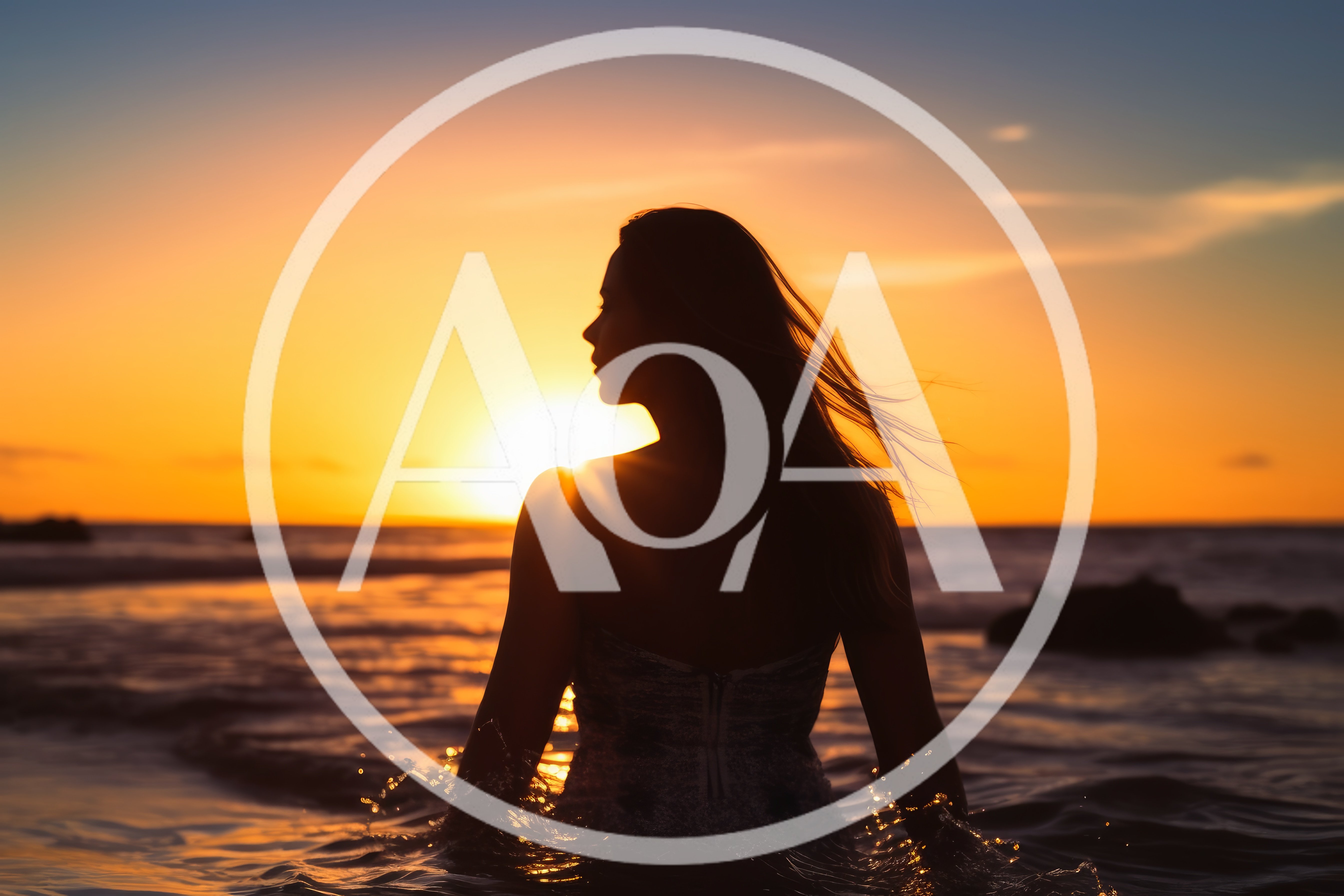 Silhouette Of A Woman Standing In The Ocean At Sunset