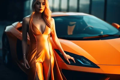 Elegant Blonde Woman Posing With Orange Sports Car