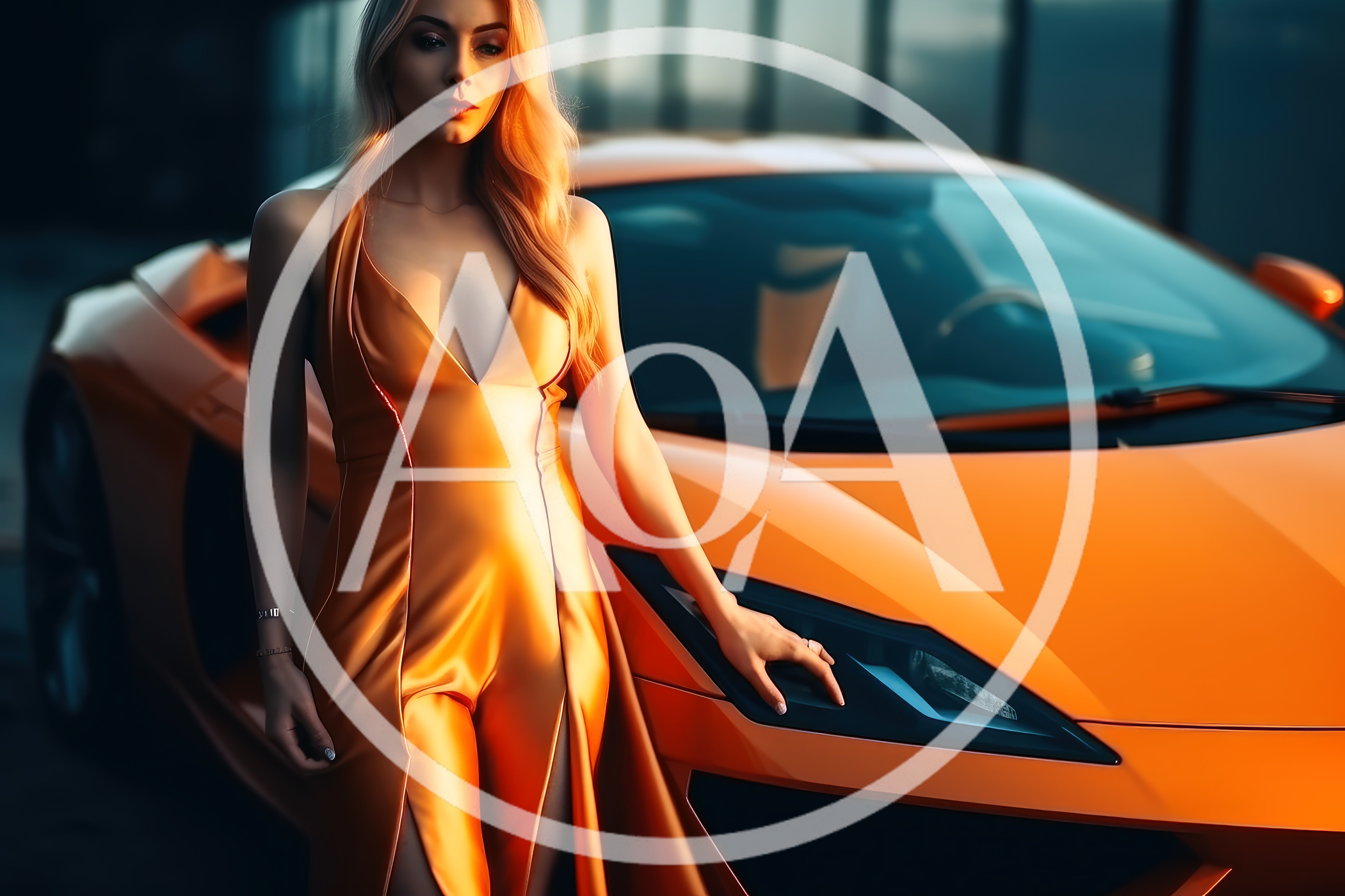 Elegant Blonde Woman Posing With Orange Sports Car