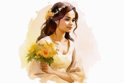 Watercolor Portrait Of A Young Woman With Yellow Flowers