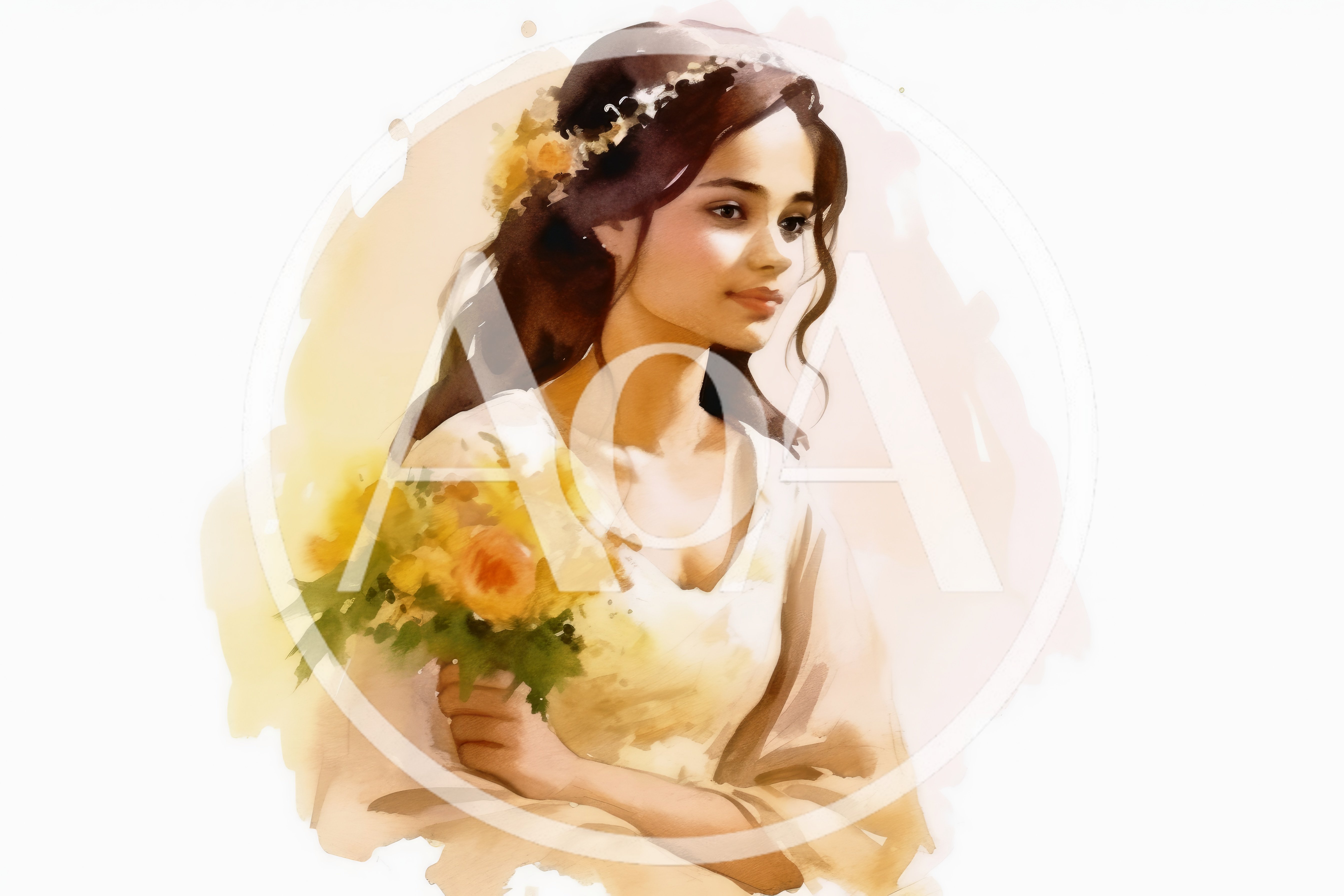 Watercolor Portrait Of A Young Woman With Yellow Flowers