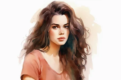 Watercolor Portrait Of A Young Woman With Wavy Hair
