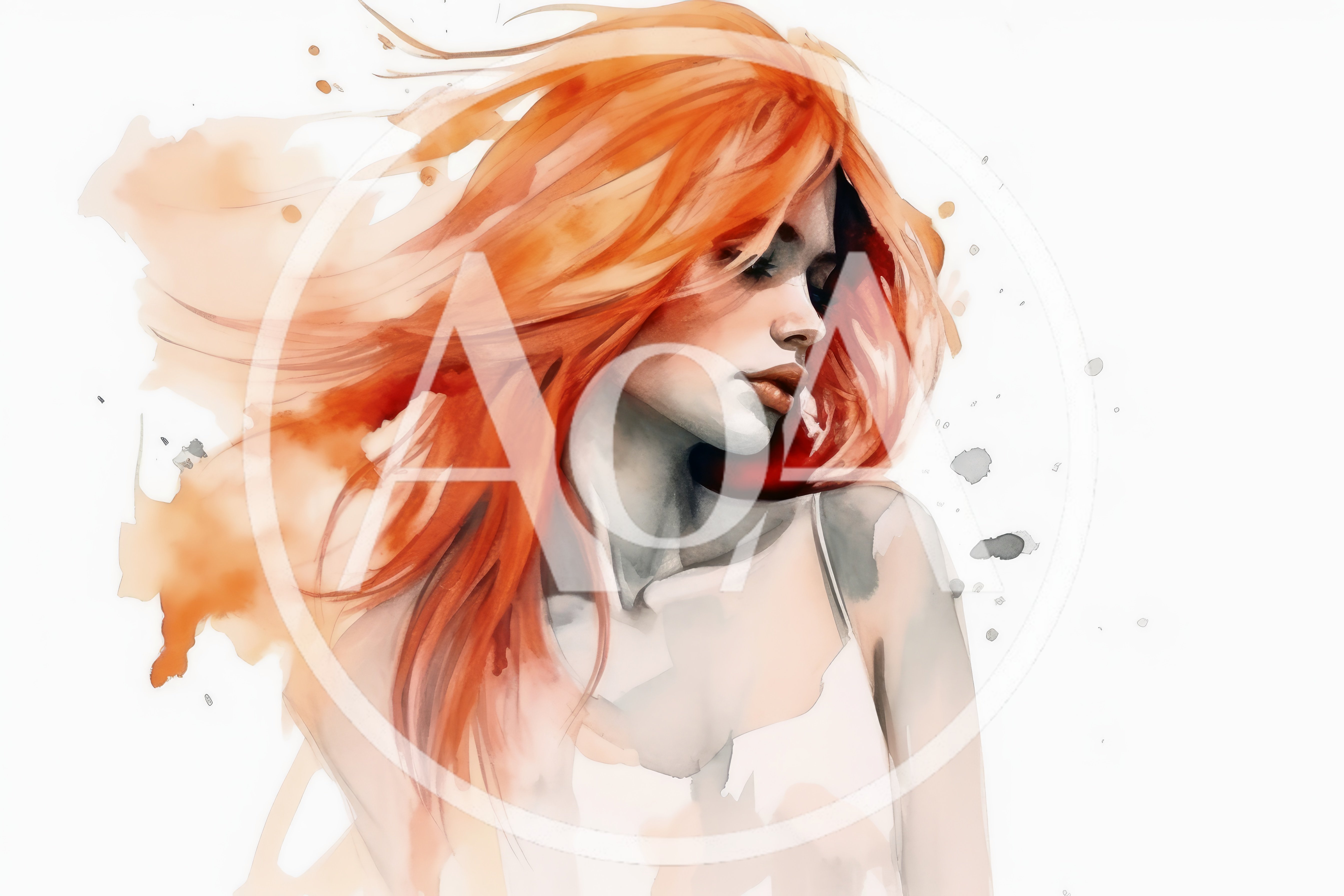 Watercolor Portrait Of A Woman With Flowing Red Hair