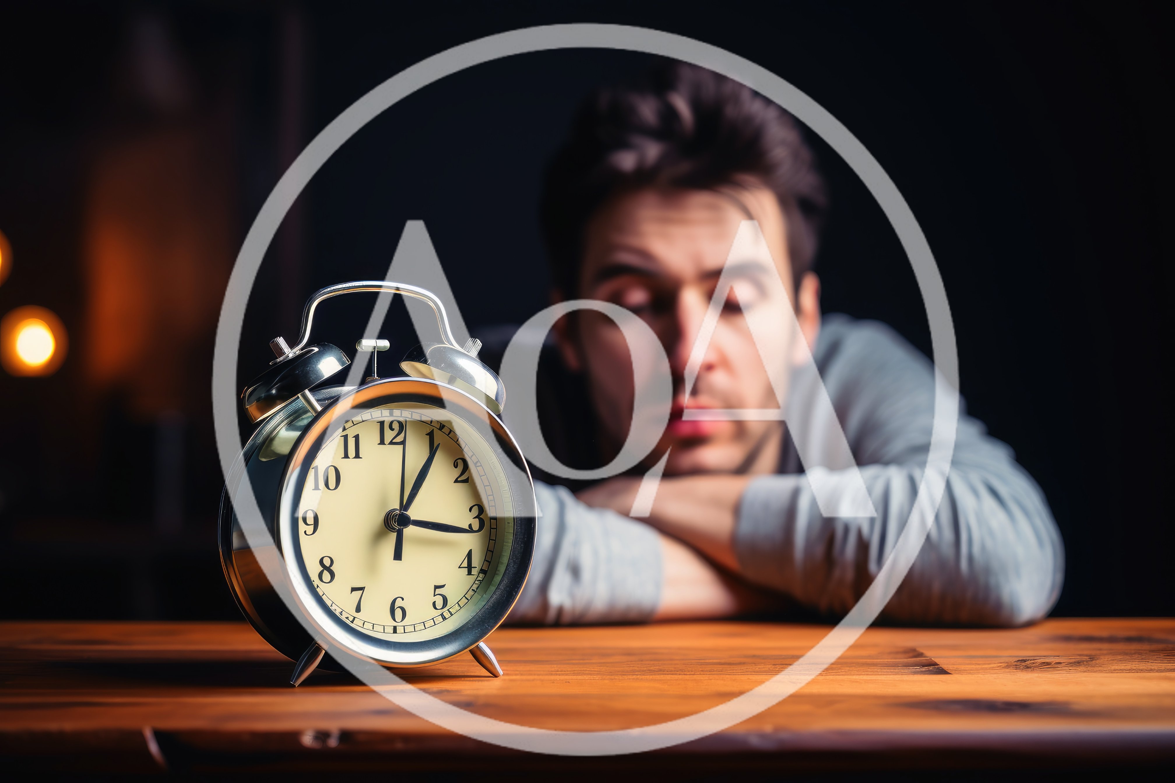 Tired Man Resting Head On Table With Alarm Clock