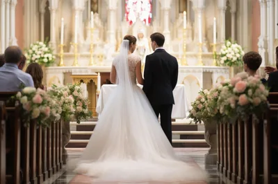 Bride and Groom Standing at Church Altar