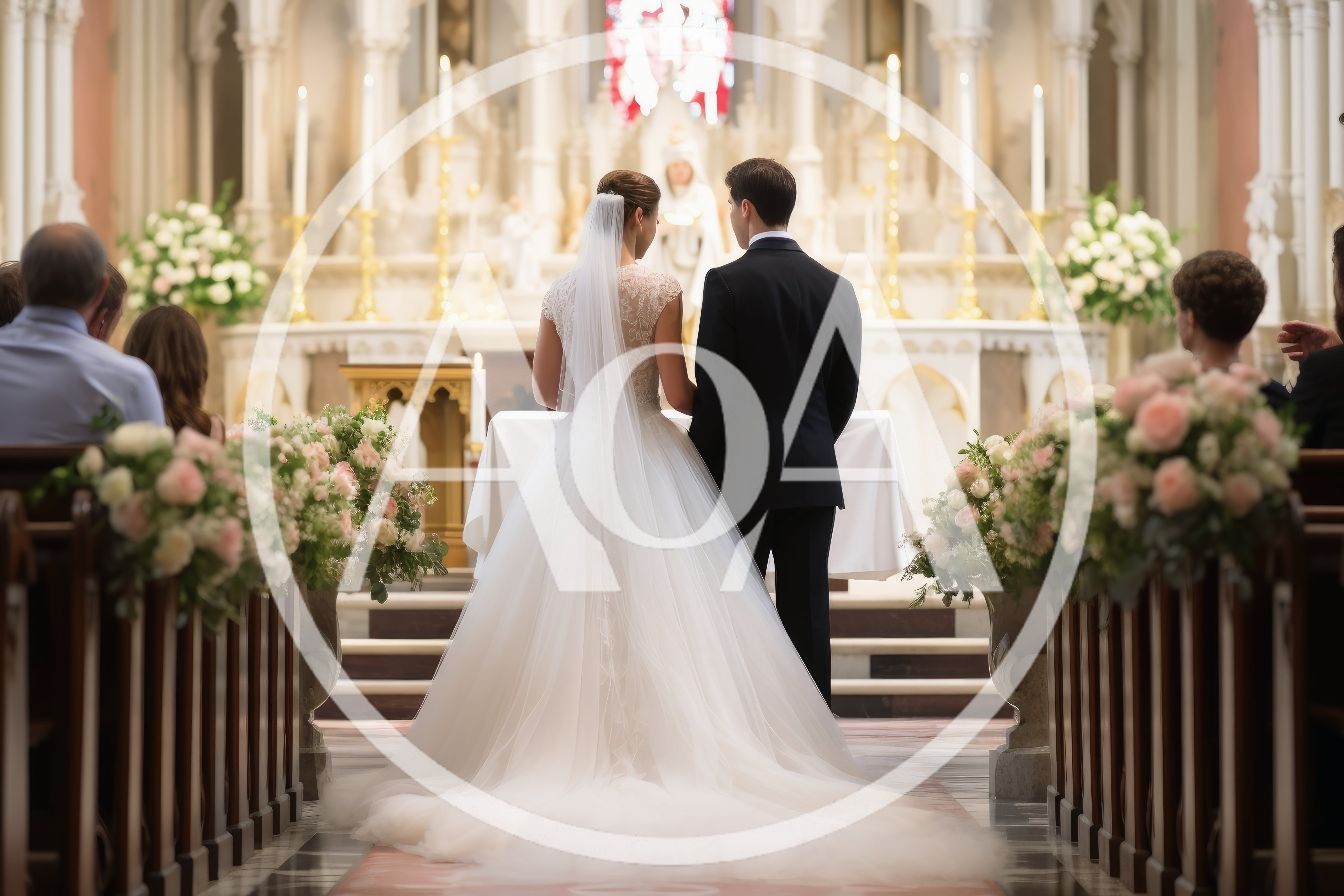 Bride and Groom Standing at Church Altar
