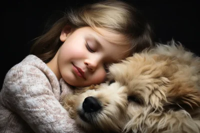 Young Girl Sleeping Peacefully With Her Fluffy Dog