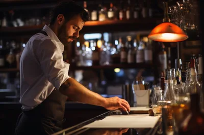 Professional Bartender Preparing Drinks At A Dimly Lit Bar