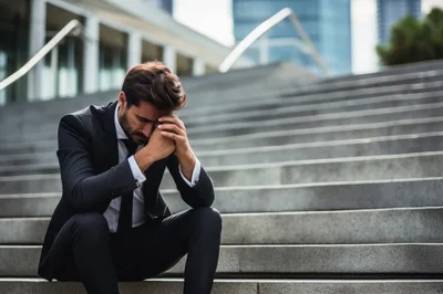 Stressed Businessman Sitting Alone On Outdoor City Stairs