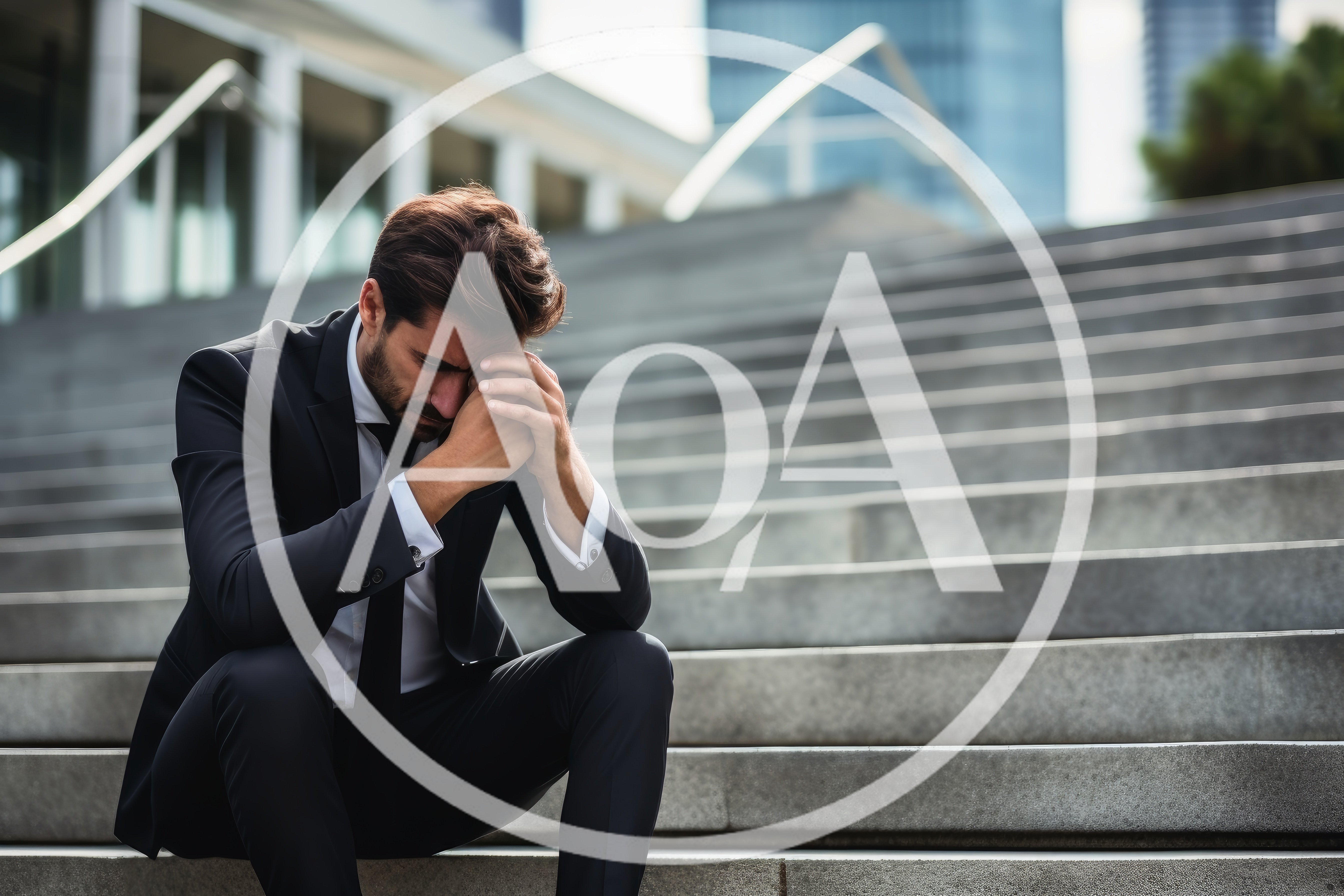 Stressed Businessman Sitting Alone On Outdoor City Stairs