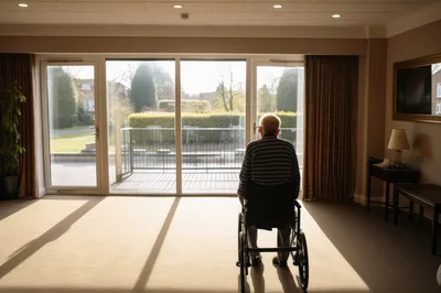 Elderly Man Sitting In Wheelchair Looking Out Window