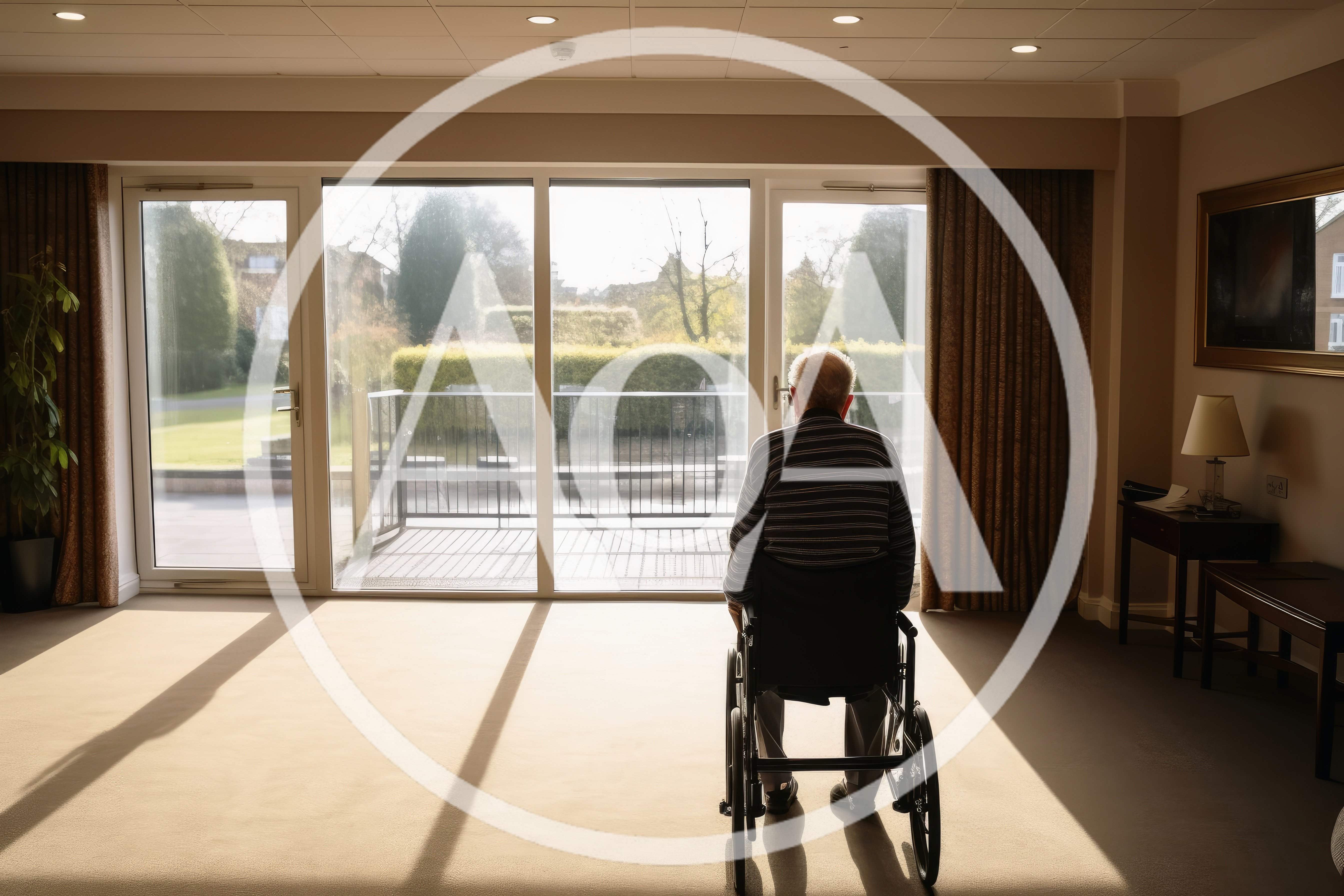 Elderly Man Sitting In Wheelchair Looking Out Window
