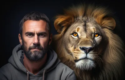 Portrait Of A Man With A Majestic Lion