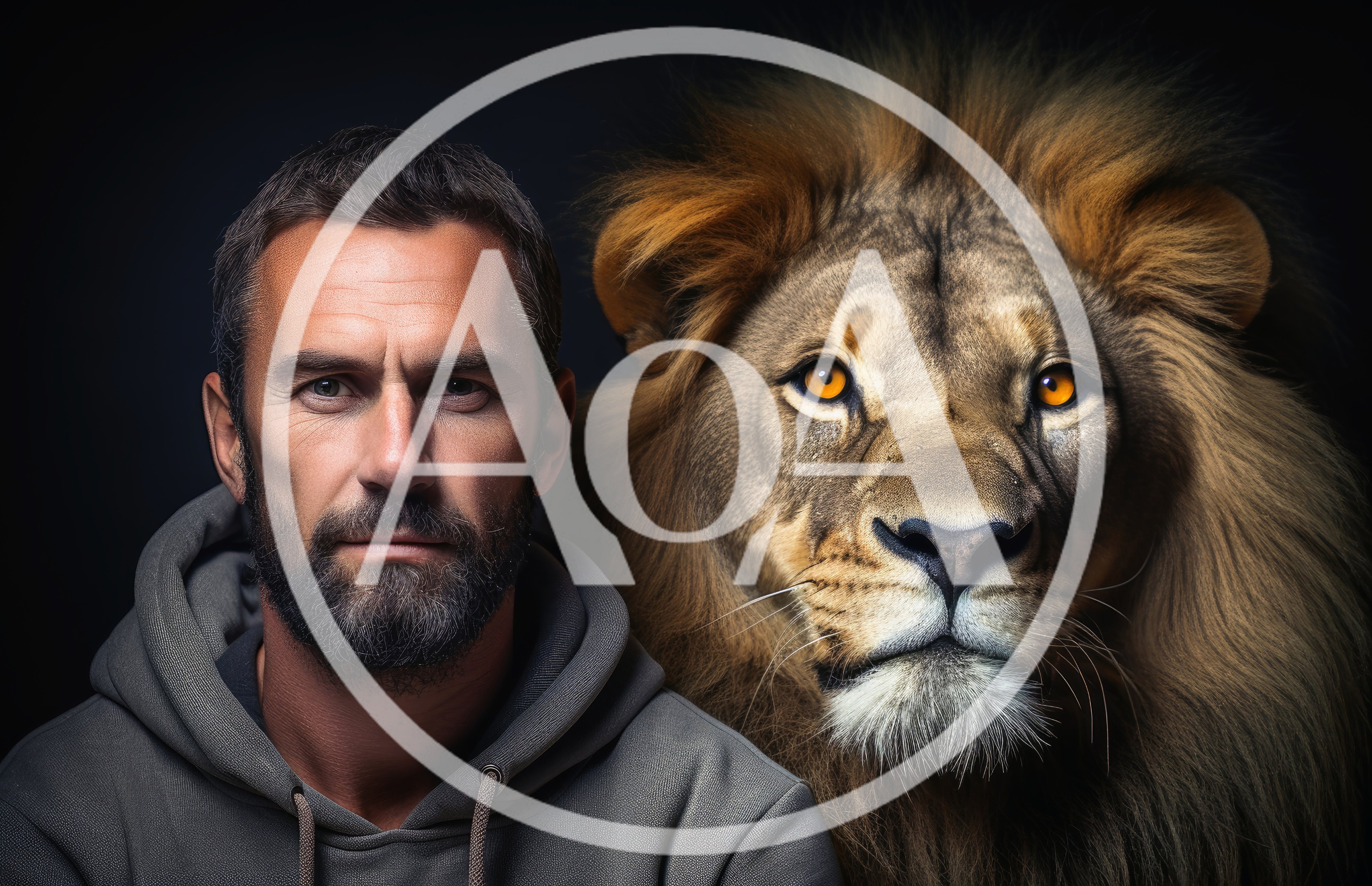 Portrait Of A Man With A Majestic Lion