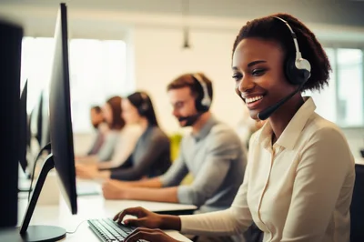 Smiling Customer Service Representative Working In A Busy Office