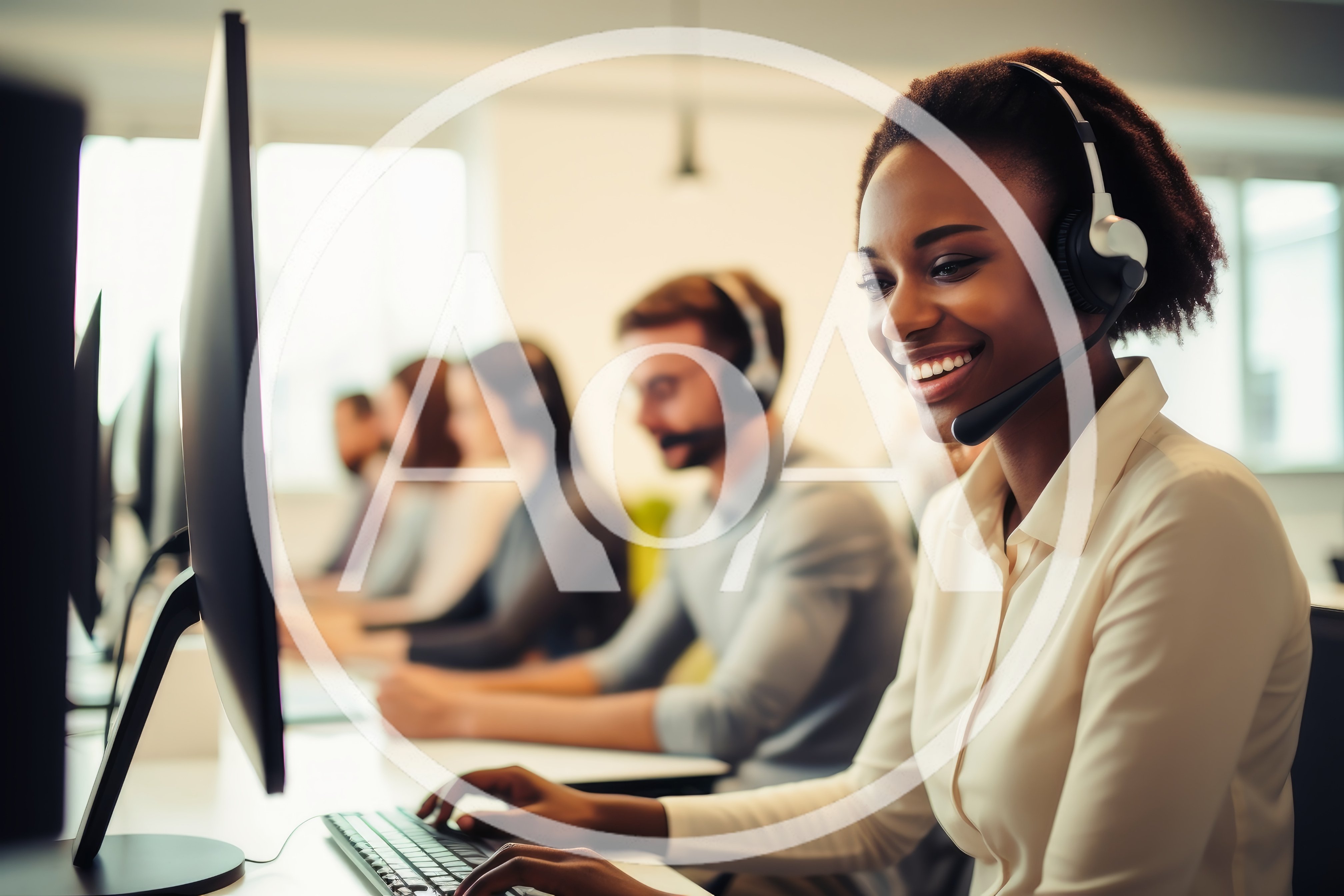 Smiling Customer Service Representative Working In A Busy Office