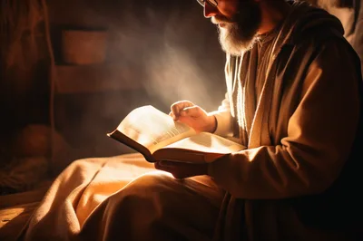 Bearded Man Reading An Ancient Book In Dim Light