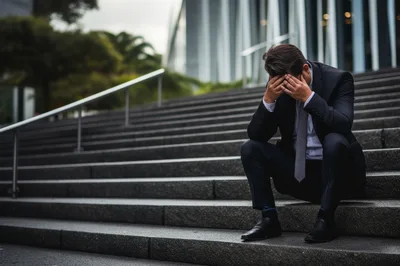 Stressed Businessman Sitting Alone on Outdoor Office Stairs