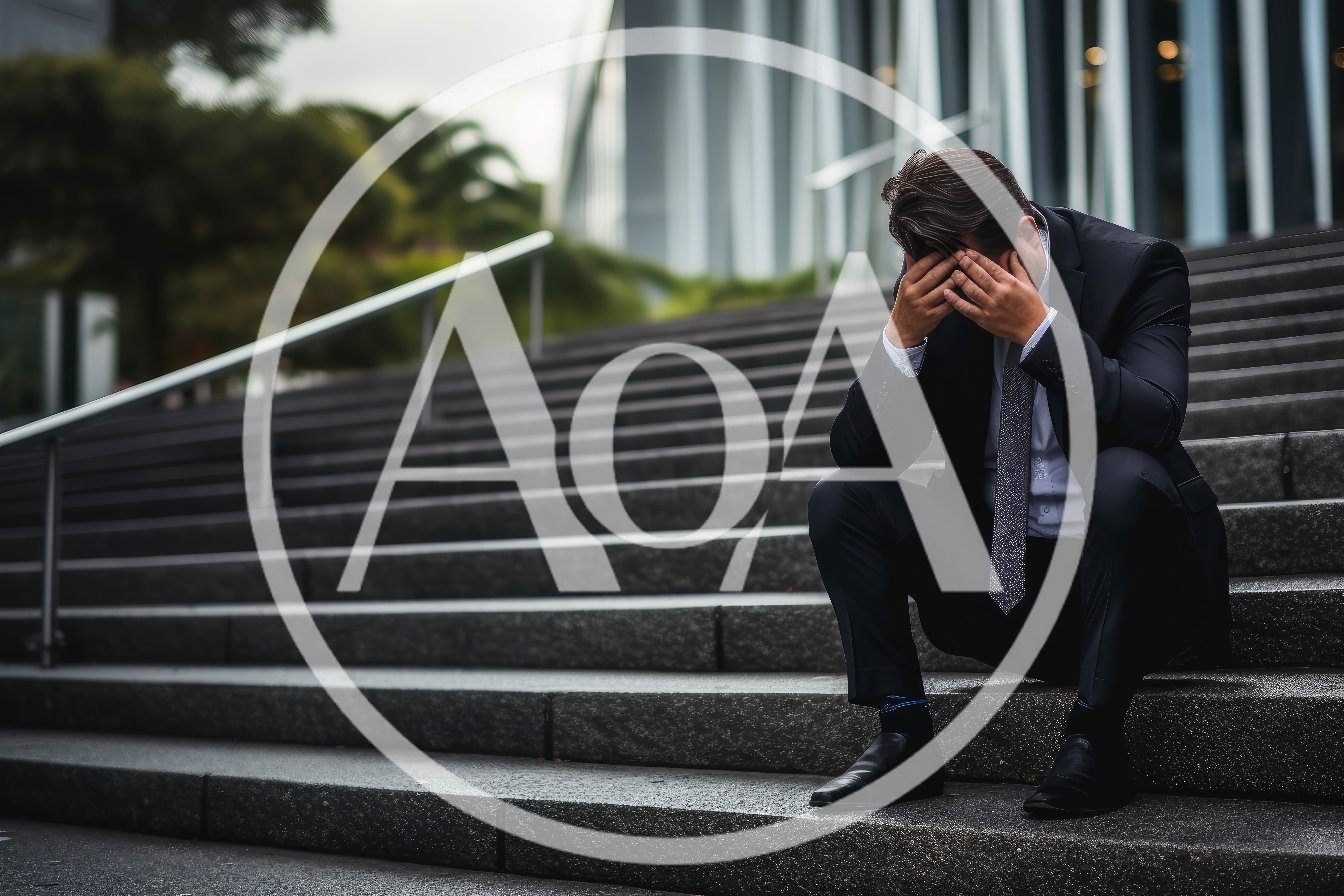 Stressed Businessman Sitting Alone on Outdoor Office Stairs
